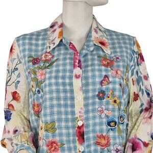 John Mark Women’s Shirt Top Embroidered Floral 3/4 Sleeve Button  Tunic  (51)